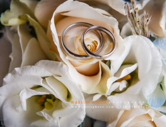 Wedding rings on bride's bouquet